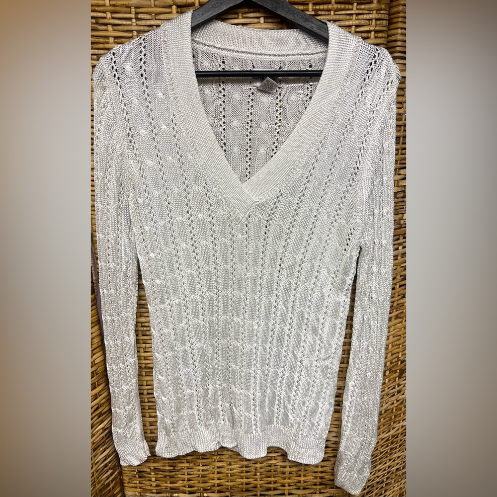 Chico’s Silver Metallic Sweater Size:‎ 2, V Neck- Pre- Owned